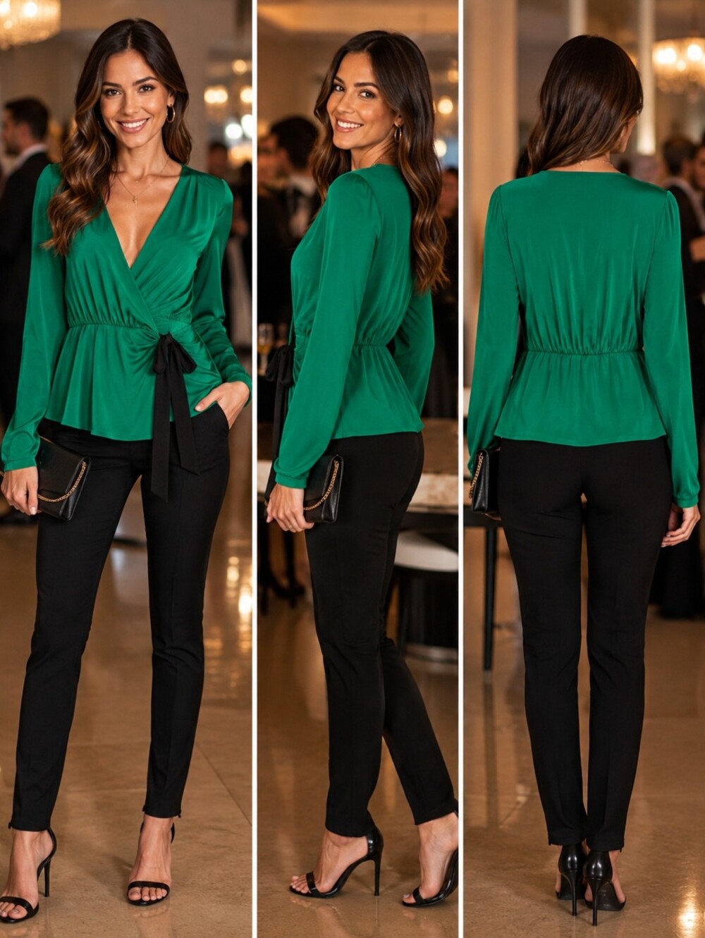 Diane von Furstenberg Green Wrap Blouse Silk Lined Long Sleeve Tie Waist Top Sml